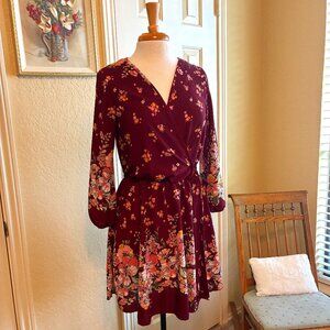 Ladies Long Sleeve Burgundy and Floral Print Dress